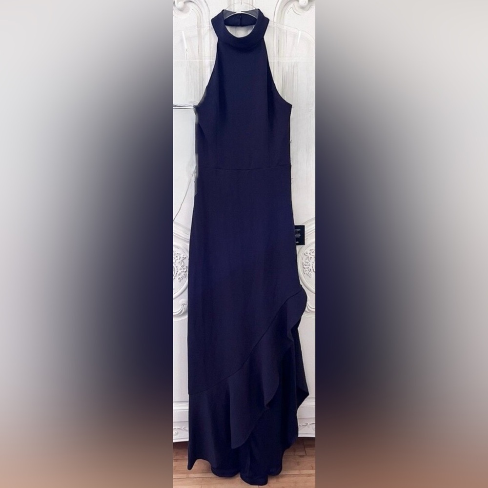 Lulus NWT “Majestic Perfection” Navy Blue Ruffled Halter Maxi Dress. Size Small. - Picture 8 of 16